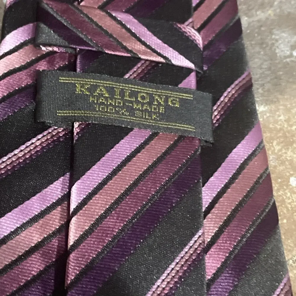 Kai Long 100% Silk Tie Purple Diagonal Stripes Handmade
